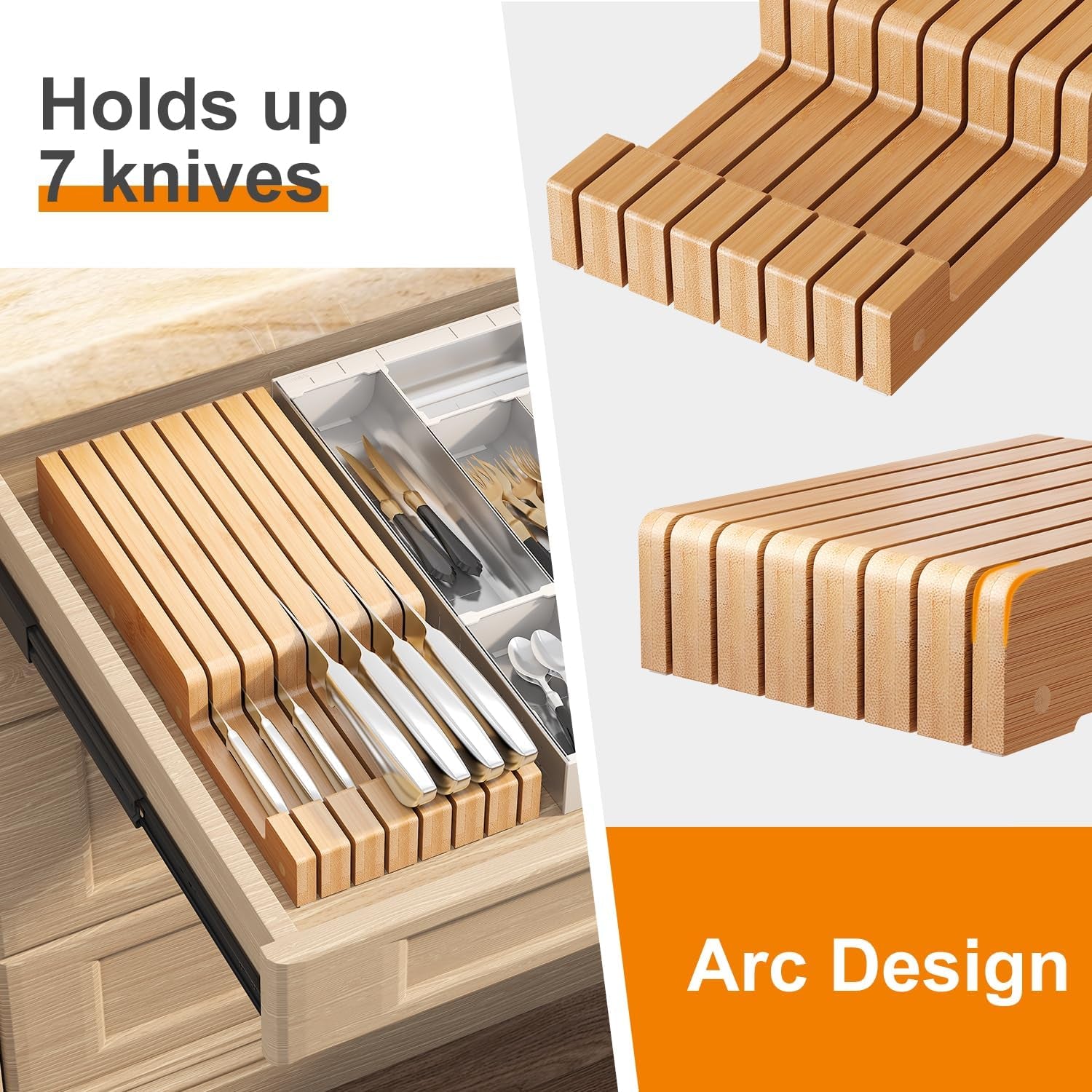 In-Drawer Bamboo Knife Block,Drawer Knife Storage Steak Knife Holder without Knives,Holds up to 7 Knives(Not Include)