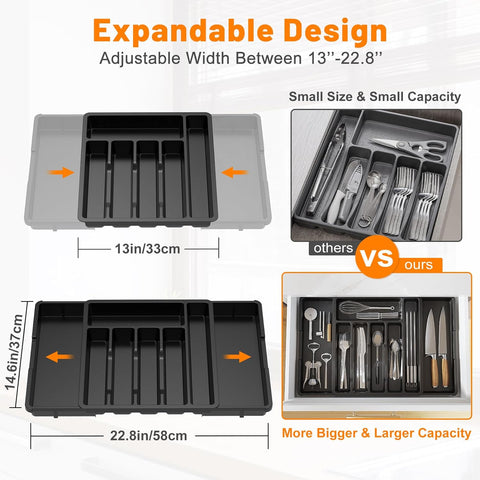 Image of Expandable Silverware Drawer Organizer, Adjustable Kitchen Flatware Organizer with Removable Dividers, Large Capacity Utensil Holder, Cutlery Tray for Kitchen Office Bathroom Supplies(Black)