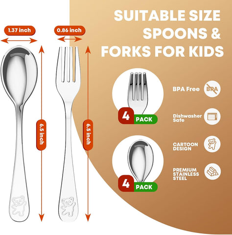 Image of 8 Pieces Stainless Steel Kids Silverware Set, Child and Toddler Safe Flatware - 4Pcs Forks and 4Pcs Spoon, Cute Flatware Sets for Self Feeding Safe, Dishwasher Safe