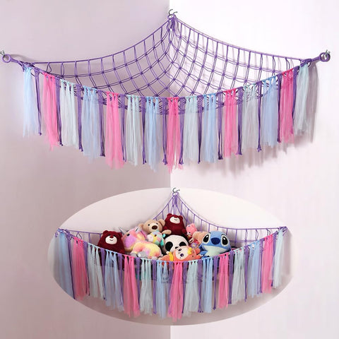 Image of Stuffed Animal Toys Hammock with LED Light, Stuffed Doll Hanging Corner Holder for Home Storage, Large Hanging Net -Display Teddies for Nursery and Kids’ Bedroom, Purple Decor Organizer