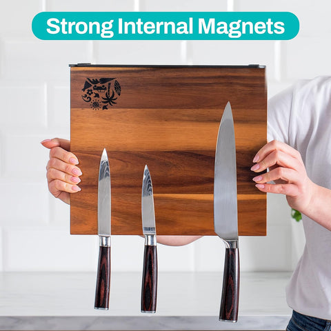 Image of Magnetic Knife Block Holder Rack - Acacia Wood Cutlery Storage for 12 Knives Double Sided Magnets & Non-Slip Base - Knives Not Included