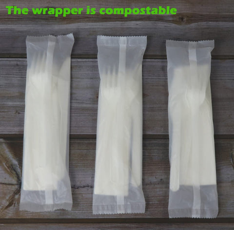 Image of 6" Compostable CPLA Cutlery Kits, BPI Certified,200 Sets (Fork, Spoon,Knife,Napkin 4 in 1) Individually Wrapped with Compostable Bags，Alternative to Plastic Disposable Utensils