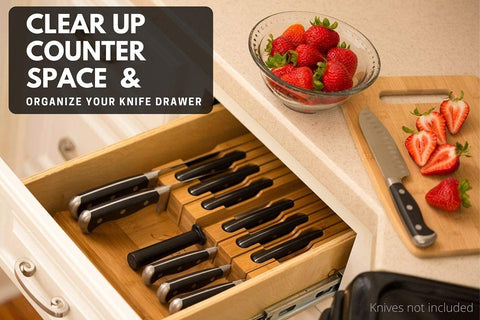 Image of In-Drawer Bamboo Knife Block Holds 12 Knives (Not Included) without Pointing up plus a Slot for Your Knife Sharpener!  Knife Organizer Made from Quality Moso Bamboo