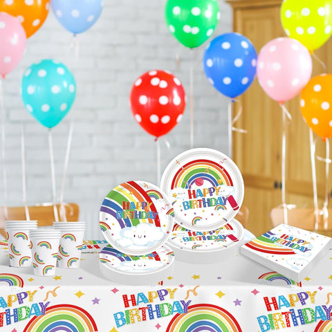 Image of Rainbow Birthday Party Decoration Supplies: 176PCS Rainbow Paper Plates Set(25 Guest) with Rainbow Plates Napkins Cups Tablecloth Plastic Forks Knives Spoon for Rainbow Theme Birthday Party for Kids