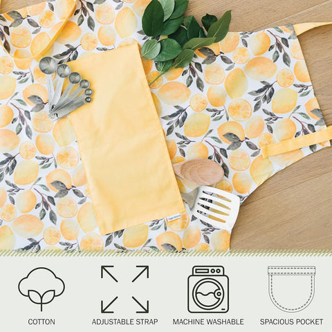 Image of Adjustable Designer Kitchen Apron for Adults | 100% Machine Washable Cotton Cooking Apron with Pockets and Adjustable Neck Buckle | 27" Wide X 33" Long | Yellow Lemons