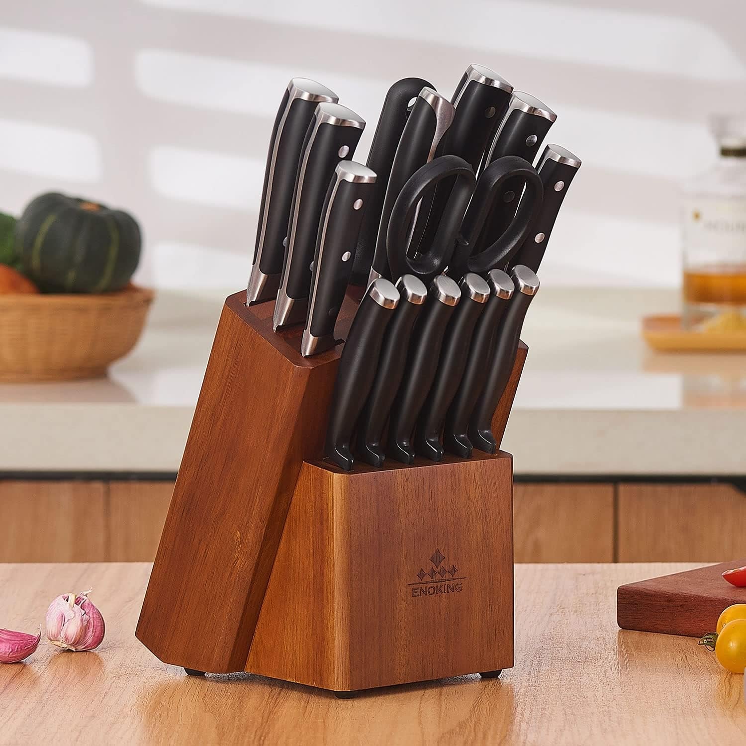 15 Slots Universal Knife Block, Acacia Wood Knife Block without Knives, Knife Holder for Kitchen Counter- Wider Angled Openings for Keeping Knives Sharp