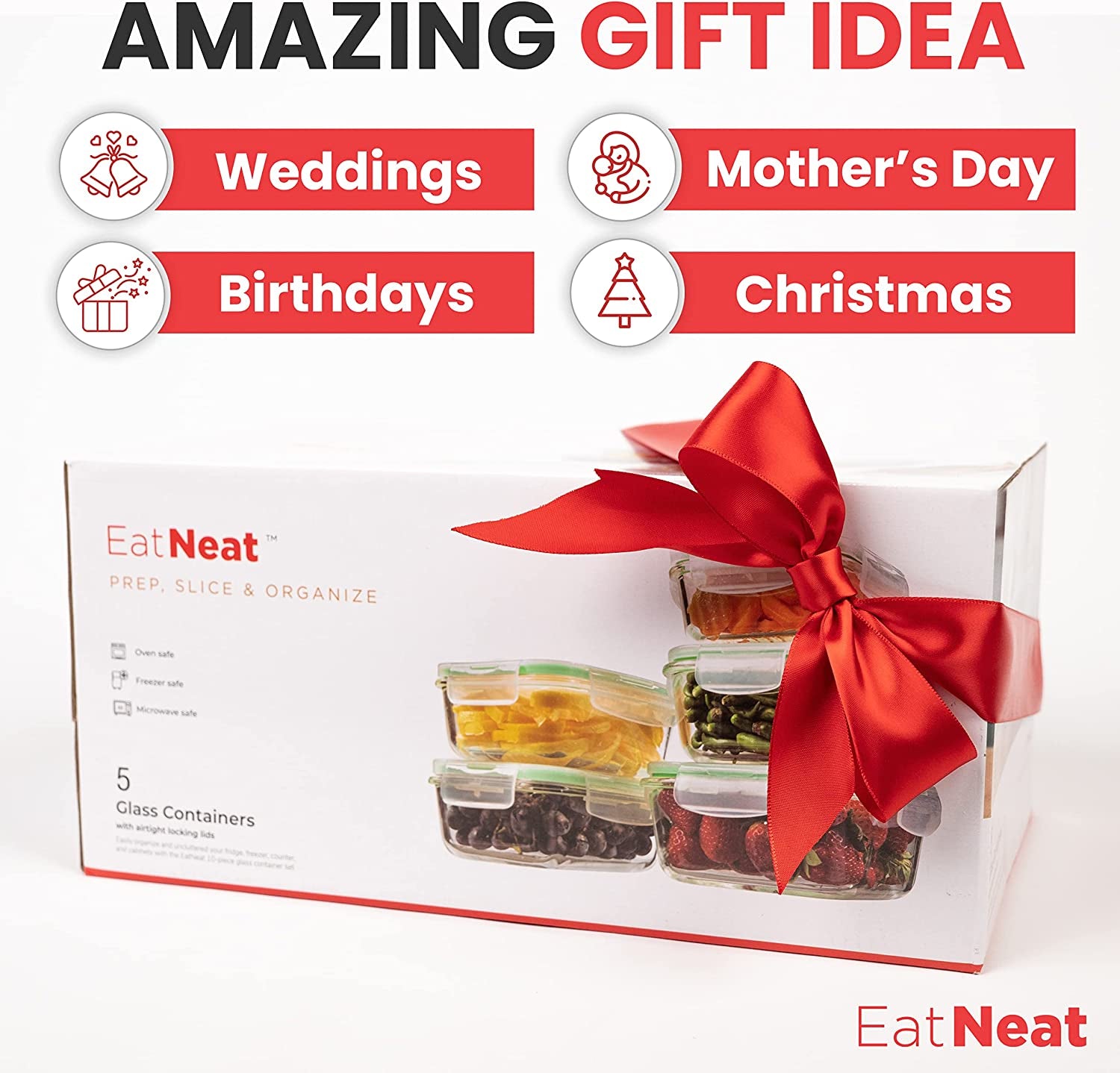 5-Pack of Glass Food Storage Containers with Airtight Snap Locking Lids to Keep Food Fresh - Oven to Table to Freezer | BPA-FREE