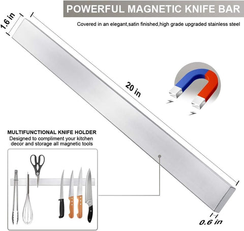 Image of 20 Inch Magnetic Knife Strip, Premium Stainless Steel Wall Mounted Kitchen Knives Bar,Space-Saving Powerful No Drilling Magnetic Knife Rack for Home Kitchen Utensil Holder & Tool Holder