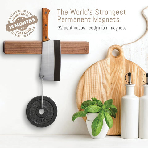 Image of Walnut 16 Inch Magnetic Knife Holder for Wall with Double Storage & Charming Wood - Knife Magnetic Strip, Knife Magnet, Magnet Knife Holder Strip, Magnetic Knife Strip, Knife Rack Kitchen Knife Holder