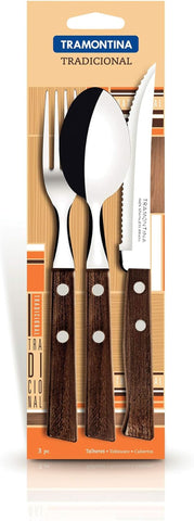 Tramontina Traditional Heavy Duty Natural Wood Handle Steak Knives 8.3" & Table Fork 7.5" & Tablespoon 7.5" Set of 3 3 Heat Treated Knives Lightweight Made in Brazil 22299/001 TRAMONTINA