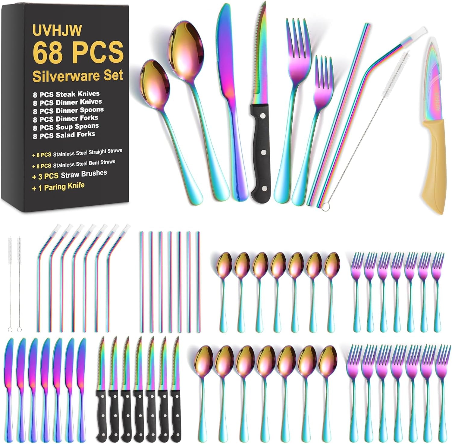 68-Piece Rainbow Silverware Set with Steak Knife for 8, Stainless Steel Flatware Cutlery Set,  Iridescent Dinnerware, Home Kitchen Spoons Forks Knives