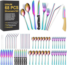 68-Piece Rainbow Silverware Set with Steak Knife for 8, Stainless Steel Flatware Cutlery Set,  Iridescent Dinnerware, Home Kitchen Spoons Forks Knives