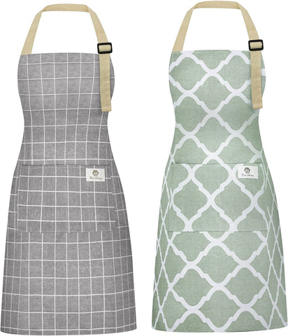 Image of 2 Pieces Aprons for Women with Pockets, Cotton Linen Waterproof Kitchen Cooking Aprons, Chef Apronfor Men Women with Adjustable Neck Strap and Long Ties(Grey/Green)