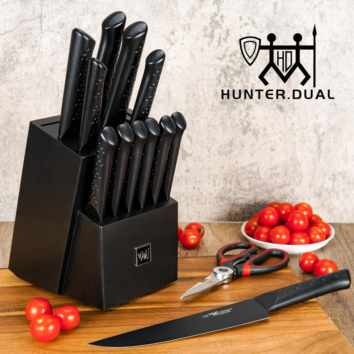 Knife Sets for Kitchen with Block, HUNTER.DUAL 15 Piece Knife Set with Built-In Sharpener, Dishwasher Safe, German Stainless Steel, Elegant Black