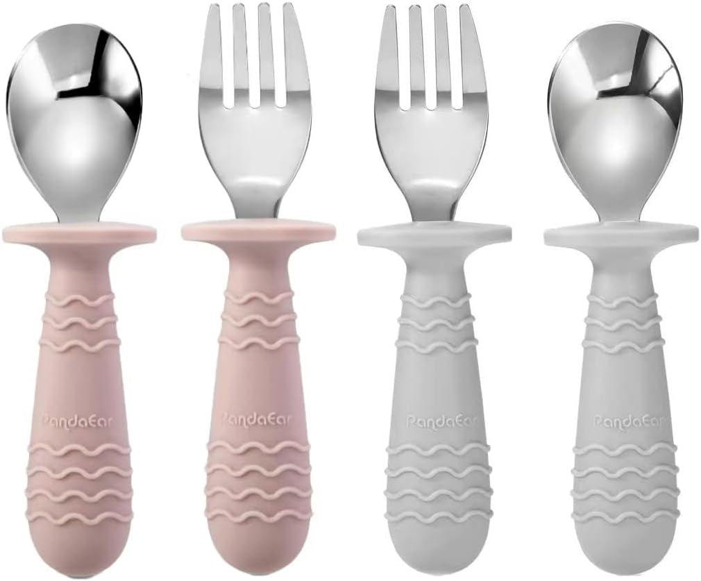 4 Set Baby Toddler Silicone Stainless Steel Utensils Silverware Spoon Fork for Baby Toddler BPA Free with Silicone Holding Anti-Choke Design (Pink&Grey)