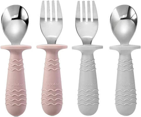 Image of 4 Set Baby Toddler Silicone Stainless Steel Utensils Silverware Spoon Fork for Baby Toddler BPA Free with Silicone Holding Anti-Choke Design (Pink&Grey)