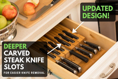 Image of In-Drawer Bamboo Knife Block Holds 12 Knives (Not Included) without Pointing up plus a Slot for Your Knife Sharpener!  Knife Organizer Made from Quality Moso Bamboo