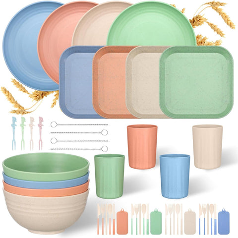 Image of 48 Pieces Wheat Straw Dinnerware Sets Reusable Kids Dinnerware Set, Unbreakable Lightweight Plates Cups Knives Forks Spoons Straws Chopsticks Set for Camping, Kitchen Dishwasher Safe