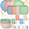 48 Pieces Wheat Straw Dinnerware Sets Reusable Kids Dinnerware Set, Unbreakable Lightweight Plates Cups Knives Forks Spoons Straws Chopsticks Set for Camping, Kitchen Dishwasher Safe