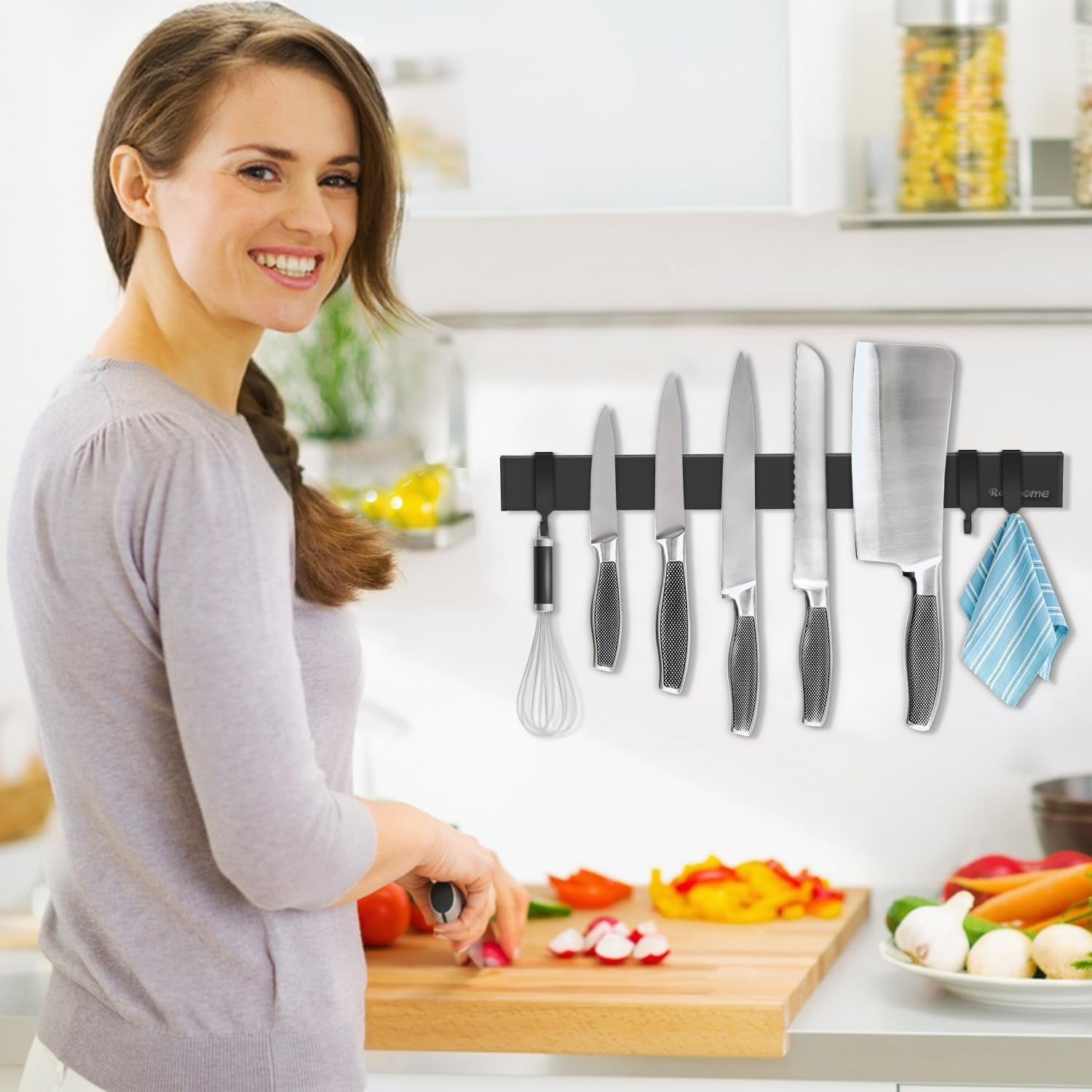 Magnetic Knife Holder for Wall 17 Inch, No Drilling Black Knife Magnetic Strip with 3 Hooks, Strong Magnet Knife Holder Strip, Magnetic Knife Rack Bar for Kitchen Knives and Tools