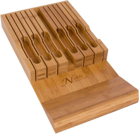 Image of In-Drawer Bamboo Knife Block Holds 12 Knives (Not Included) without Pointing up plus a Slot for Your Knife Sharpener!  Knife Organizer Made from Quality Moso Bamboo