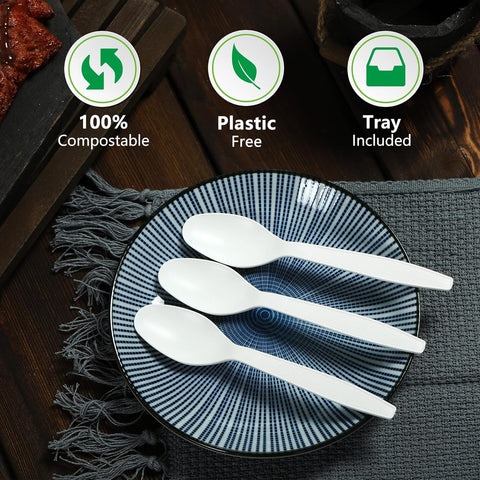 Image of Compostable Spoon,100 Biodegradable Silverware for Party,Large Disposable Utensils Eco Friendly Durable and Heat Resistant,Alternative to Plastic Spoon