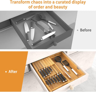 Bamboo Knife Organizer for Kitchen Drawer, Knife Block Holder Drawer Insert with Expandable Tray for Fork Spoon Scissor, Large Kitchen Knife Holder without Knives, Holds 7 Knives