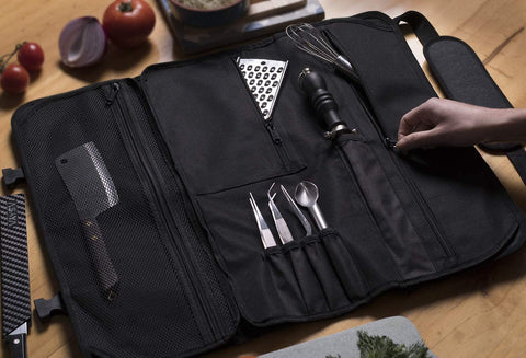 Image of Chef Knife Roll Bag - 20 Total Pockets for Knives and Kitchen Utensils - Made with Stain Resistant Waxed Nylon - for Chefs and Culinary Students - Knives Not Included(Black)