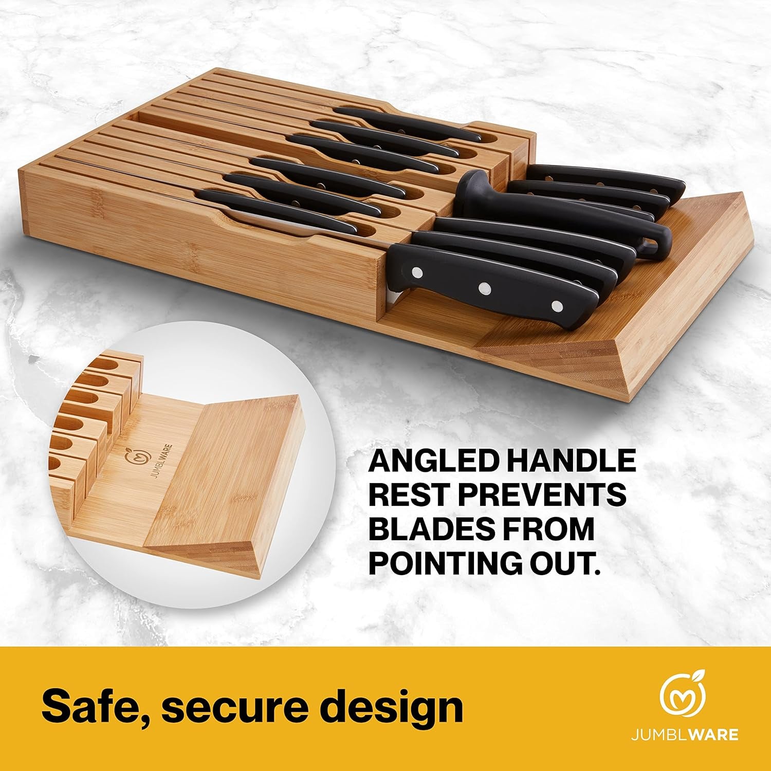 Bamboo In-Drawer Knife Block Wooden Organizer & Cutlery Holder Insert for inside Drawer, Cabinet or Counter Universal Dock Fits 16 Steak Knives & Sharpener Great Kitchen Gadget Gift