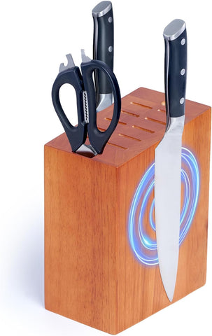 Magnetic Knife Block Holds up to 16 Knives（Not Included）, Space Saver Countertop Magnetic Knife Block Holder, Double Sided Magnets Oak Wood Knife Storage