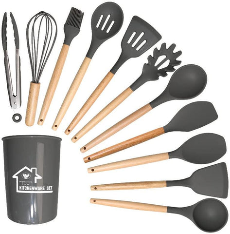 Image of Silicone Cooking Utensils Kitchen Utensil Set, 12 PCS Wooden Handle Nontoxic BPA Free Silicone Spoon Spatula Turner Tongs Kitchen Gadgets Utensil Set for Nonstick Cookware with Holder