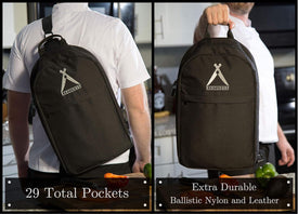 Execuchef Knife Bag with 29 Pockets for Knives and Kitchen Utensils | Business Card Holder and Lock | Water Resistant and Durable Ballistic Nylon Backpack for Professional Chefs and Culinary Students