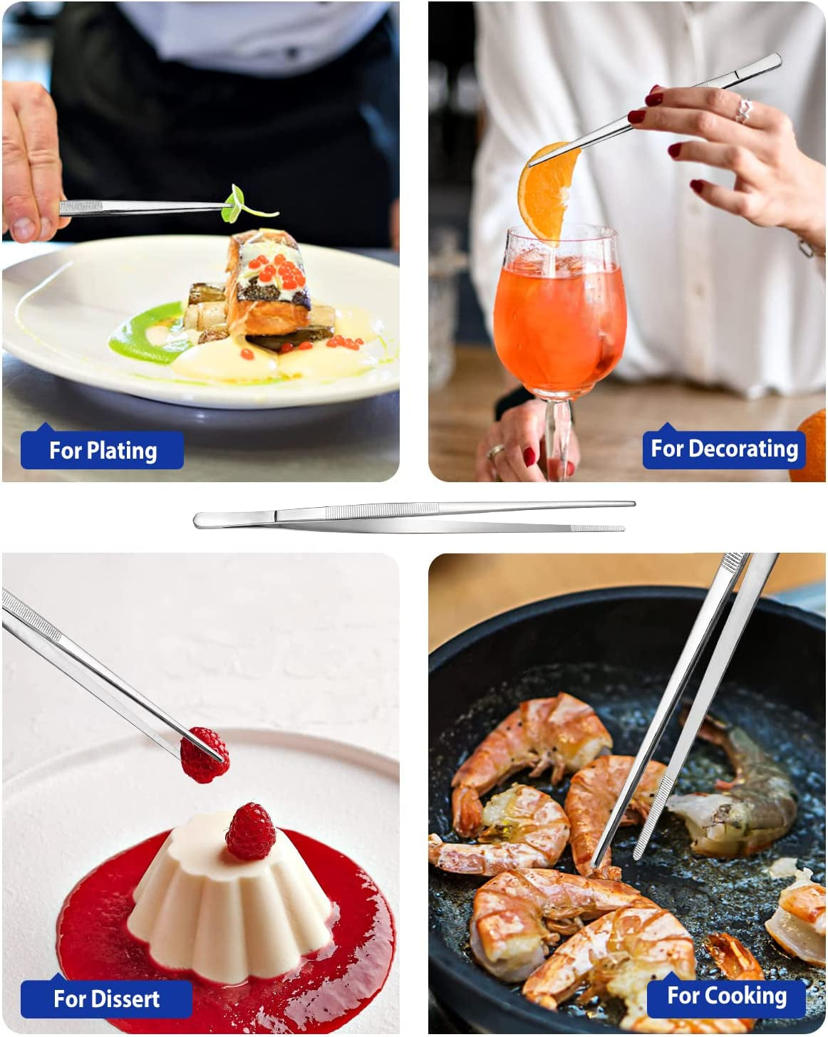 4 Pcs Kitchen Fine Tweezer Tongs, 12'' and 10'' Stainless Steel Food Tweezers Set, Professional Kitchen Long Tweezer for Cooking, Repairing, Sea Food and BBQ