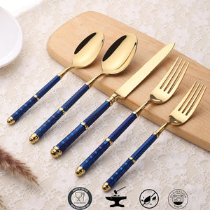 5Pcs 18/10 Stainless Steel Silverware Set Forged Manual Polishing Flatware Set Titanium ​Plated with Luxury Domee Handle Dishwasher Safe Home Hotel Restaurant Use Wedding Housewarming Gift Gold Blue