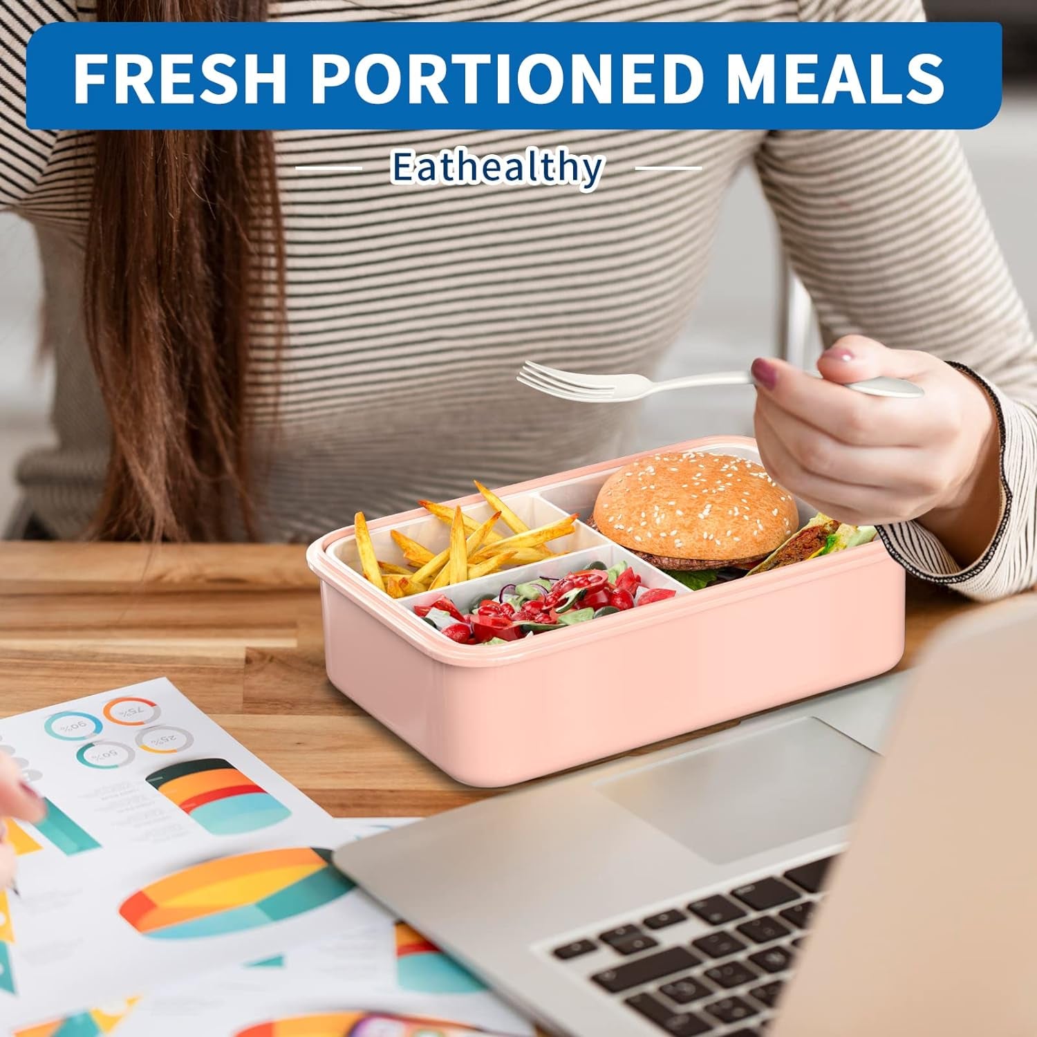 Bento Lunch Box for Kids, 1400 ML Bento Box Adult Lunch Box for Men Women with Cutlery & Salad Dressing Container to Go, Leak-Proof Meal Prep Container for Work School Travel, No BPA, Microwave Safe