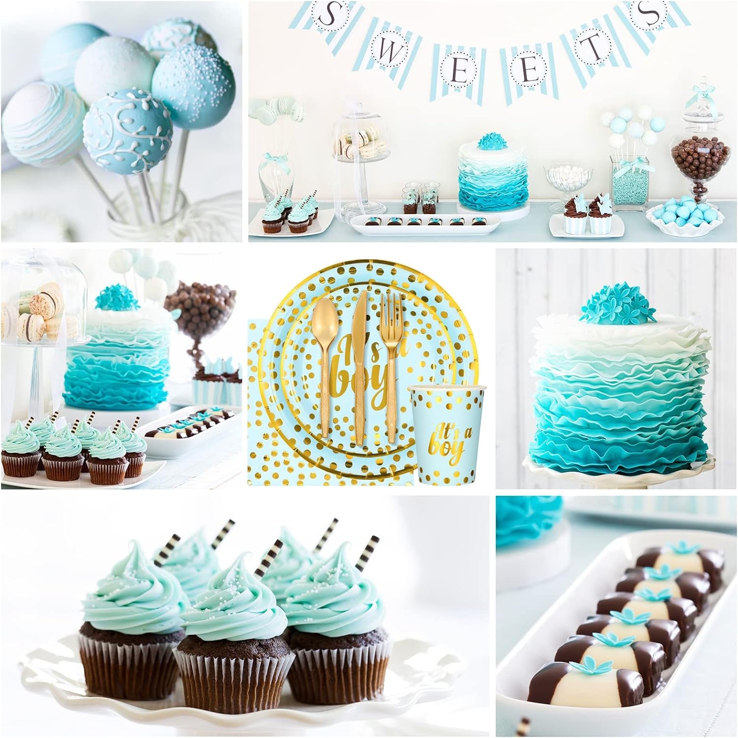 350 Pcs Baby Shower Party Supplies Golden Dot Blue Disposable Dinnerware Set for 50 Guests Boys Paper Plates Cups Napkins and Gold Plastic Forks Knives Spoons for Baby Boy Shower Party