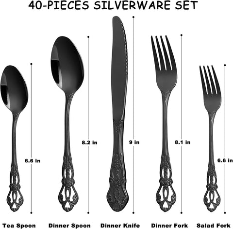 Image of Black Silverware Set for 8, Stainless Steel Gorgeous Retro Royal Flatware Set, 40-Pieces Cutlery Tableware Set, Kitchen Utensils Set Include Spoons and Forks Set, Mirror Finish, Dishwasher Safe