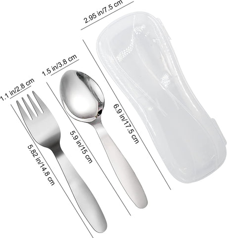 Image of 2 Pieces Children Fork Spoon Set with Travel Case for Lunch Box, 18/8 Stainless Steel Kids Silverware Flatware Set Kids Utensil Set for School, 5.9In (Fork Spoon)