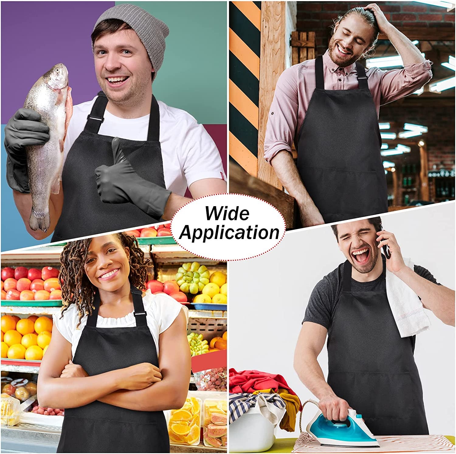 24 Pack Adjustable Bib Apron with 2 Pockets Cooking Kitchen Aprons Black Chef Apron Water Oil Stain Resistant BBQ Work Apron for Women Men Drawing Crafting Outdoors Smock