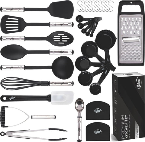 Image of Kitchen Utensils Set Cooking Utensil Sets, Nylon and Stainless Steel Kitchen Gadgets Nonstick and Heat Resistant Home, House, Apartment Essentials Kitchen Accessories Must Haves Pots and Pans Set