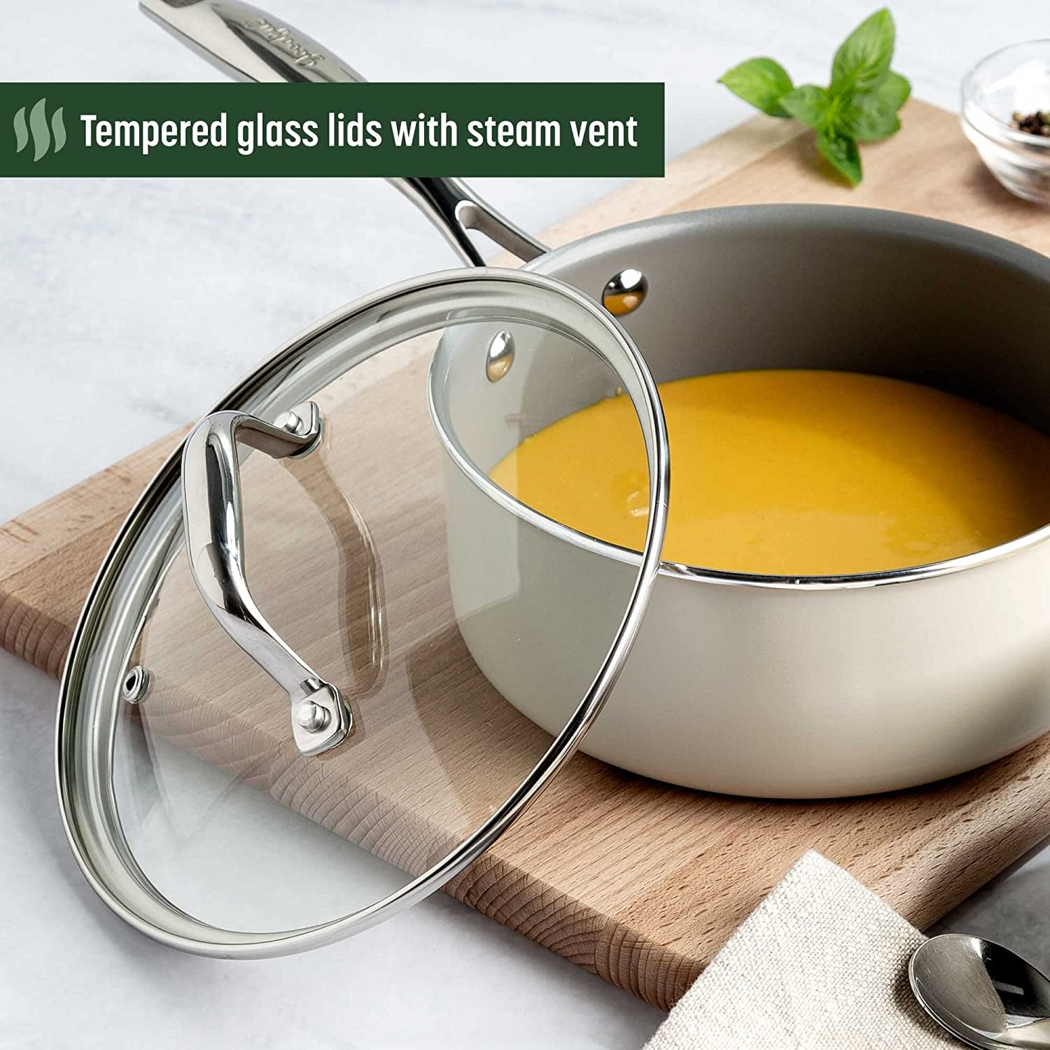 Ceramic Nonstick Pots and Pans Set, Titanium-Reinforced Premium Nonstick Coating, Dishwasher Safe Pots and Pans, Tempered Glass Steam Vented Lids, Stainless Steel Handles, 12-Piece, Cream