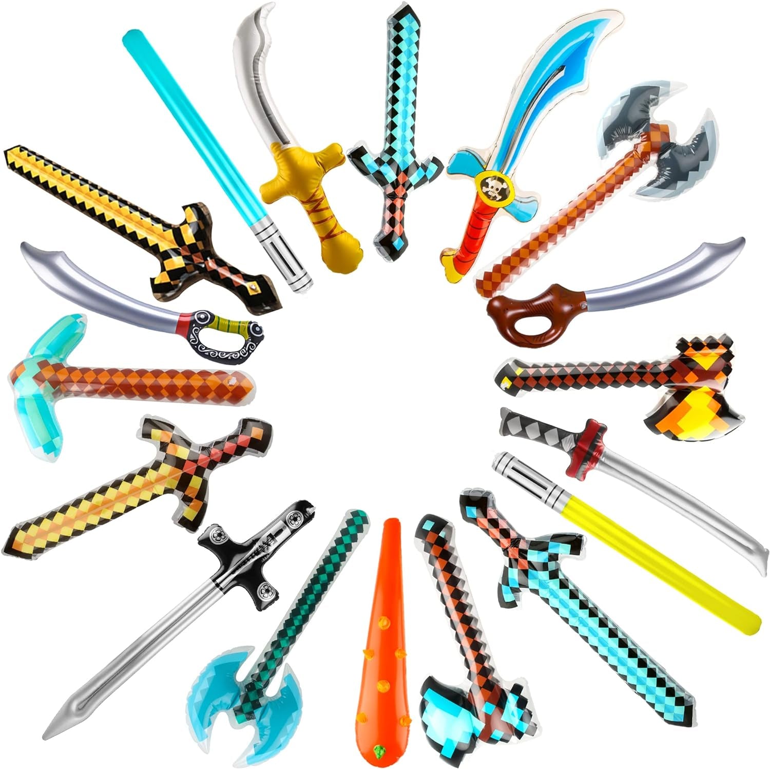 18 Pcs Inflatable Pixel Swords Blow up Lightsabers Axe Knife Pickaxe Hatchets Pirate Swords Set for Kids Halloween Cosplay Birthday Pool Beach Party Supplies