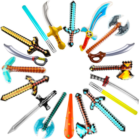 Image of 18 Pcs Inflatable Pixel Swords Blow up Lightsabers Axe Knife Pickaxe Hatchets Pirate Swords Set for Kids Halloween Cosplay Birthday Pool Beach Party Supplies