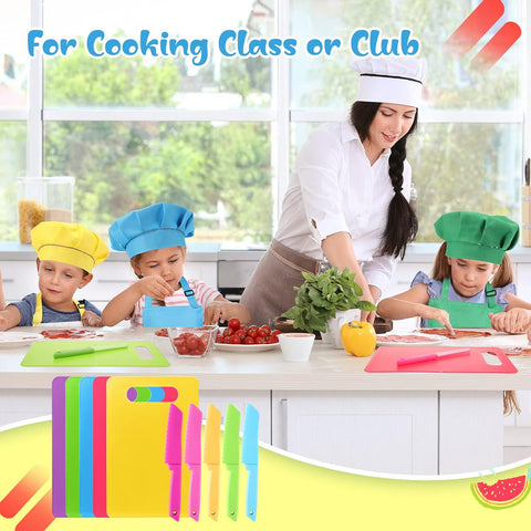 Image of 20 Pcs Kids Apron and Chef Hat Set Kids Plastic Knife Set with Cutting Board, 5 Toddler Apron 5 Chef Hat 5 Kid Safe Knives 5 Kids Chopping Board for Baking Cooking Club, Preschool Class