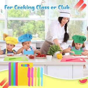 20 Pcs Kids Apron and Chef Hat Set Kids Plastic Knife Set with Cutting Board, 5 Toddler Apron 5 Chef Hat 5 Kid Safe Knives 5 Kids Chopping Board for Baking Cooking Club, Preschool Class