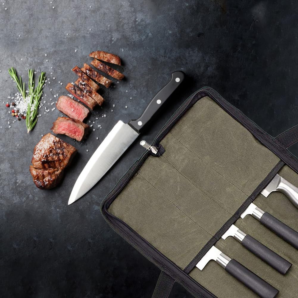 Knife Bag, Chefs Knife Roll Bag, Durable Waxed Canvas Knife Bag with Zipper Pocket, Portable Chefs Knife Cases Cutlery Knives Holders Protectors, Knife Roll for Knives & Kitchen Tools(Green)