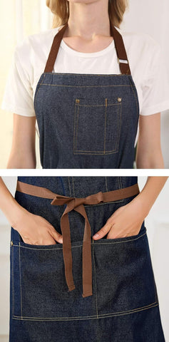Image of Blue Adjustable Denim Jean Kitchen Apron with 5 Pockets for Women Men Optimized Upgrade(Denim)