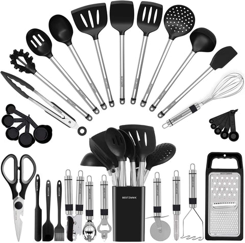 Image of Kitchen Utensil Set-Silicone Cooking Utensils-33 Kitchen Gadgets & Spoons for Nonstick Cookware-Silicone and Stainless Steel Spatula Set-Best Kitchen Tools, Useful Pots and Pans Accessories