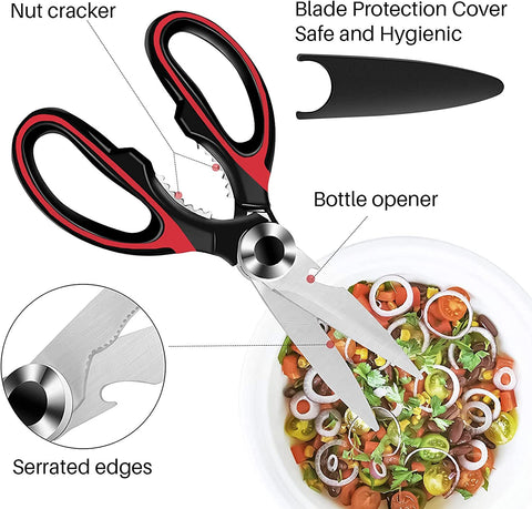 Image of Heavy Duty Kitchen Shears with Protective Sheath Kitchen Meat Scissors, Dishwasher Safe Cooking Scissors, for Chicken, Poultry, Fish, Herbs, Black+Red