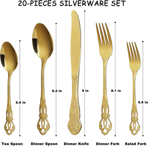 Image of Gold Silverware Set for 4, Stainless Steel Gorgeous Retro Royal Flatware Set, 20-Pieces Cutlery Tableware Set, Kitchen Utensils Set Include Spoons and Forks Set, Mirror Finish, Dishwasher Safe